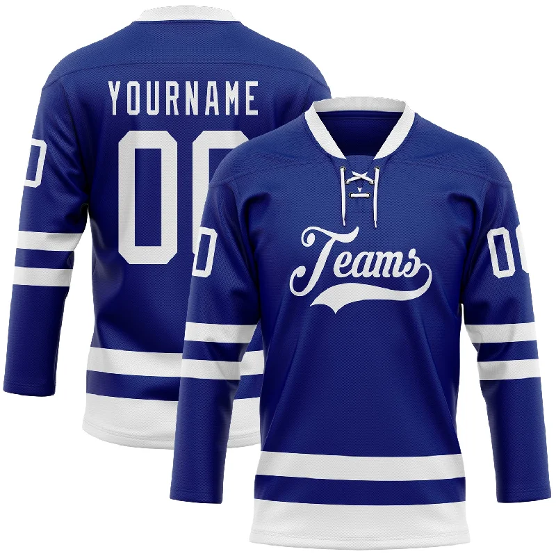 Custom hockey jersey with a unique, professional style-Custom Royal White Hockey Lace Neck Jersey