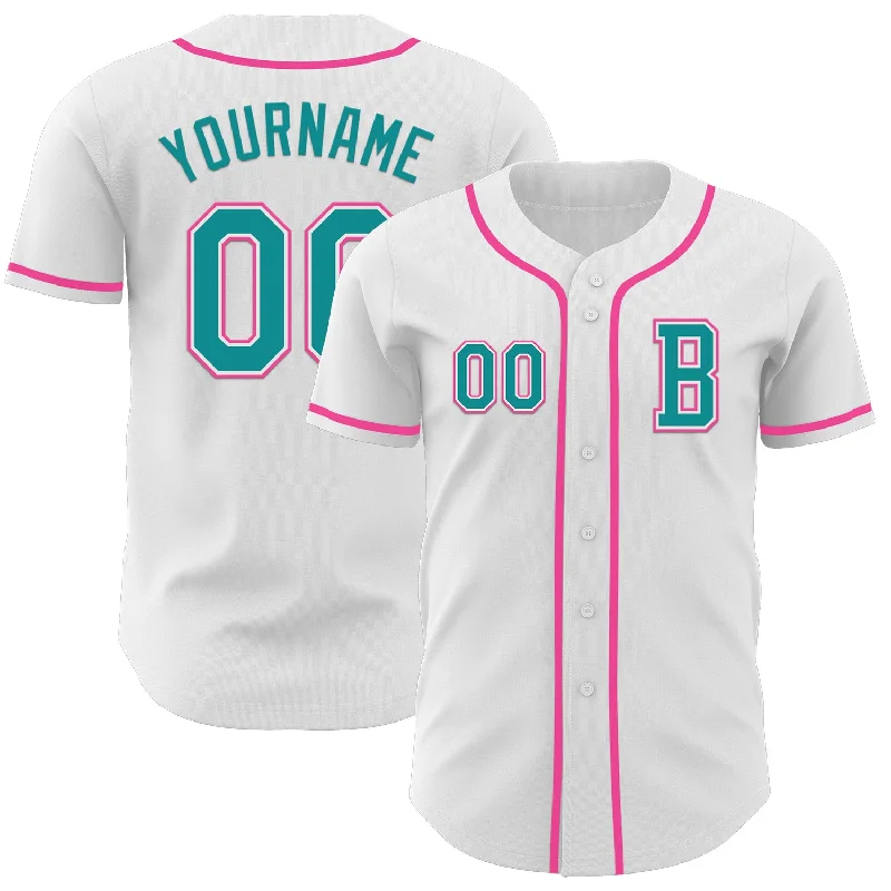 Custom team baseball jersey for youth players-Custom White Teal-Pink Authentic Baseball Jersey