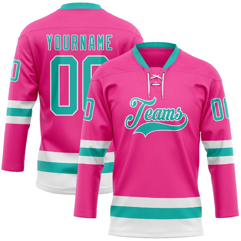 Hockey jersey with optimal moisture management for athletes-Custom Pink Aqua-White Hockey Lace Neck Jersey