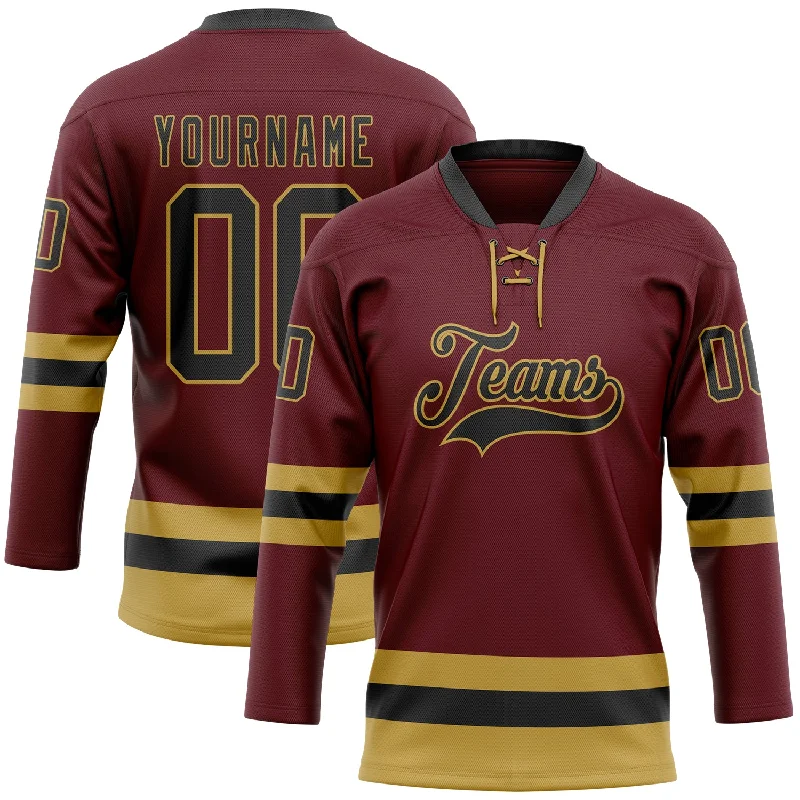 Custom hockey jersey for youth teams-Custom Burgundy Black-Old Gold Hockey Lace Neck Jersey