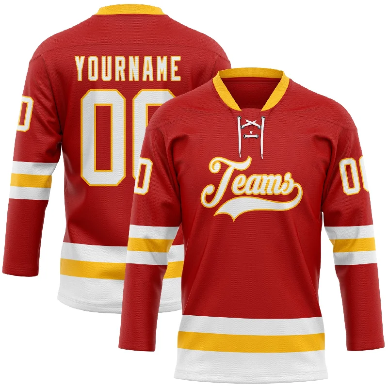 Personalized hockey jersey with custom color designs-Custom Red White-Gold Hockey Lace Neck Jersey