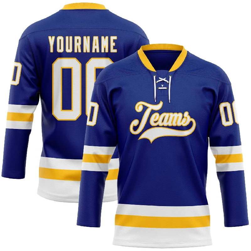 Personalized hockey jersey with retro logo designs-Custom Royal White-Gold Hockey Lace Neck Jersey