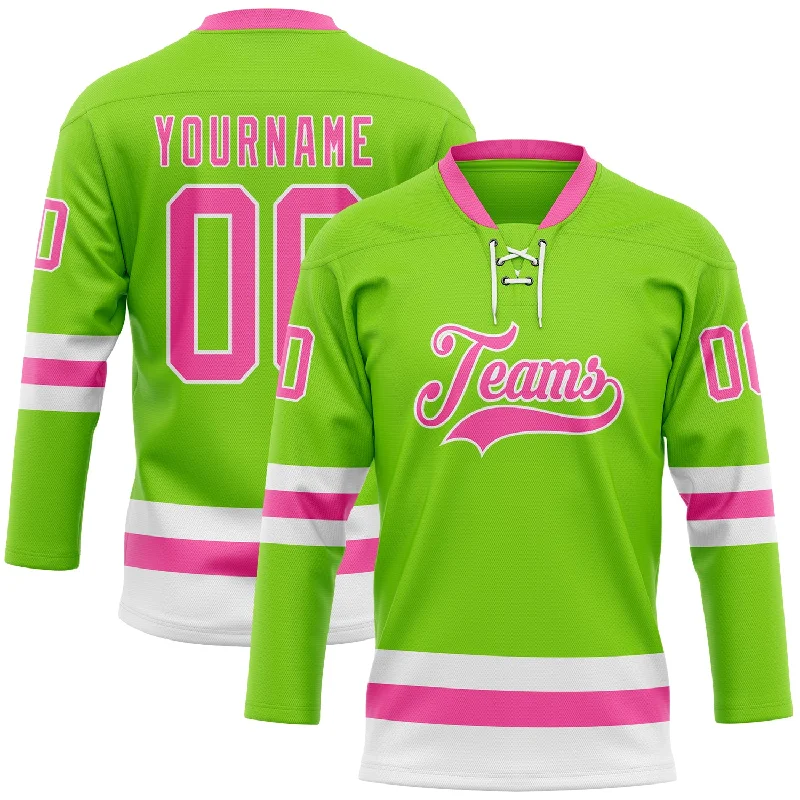 Hockey jersey with stretch fabric for flexibility-Custom Neon Green Pink-White Hockey Lace Neck Jersey