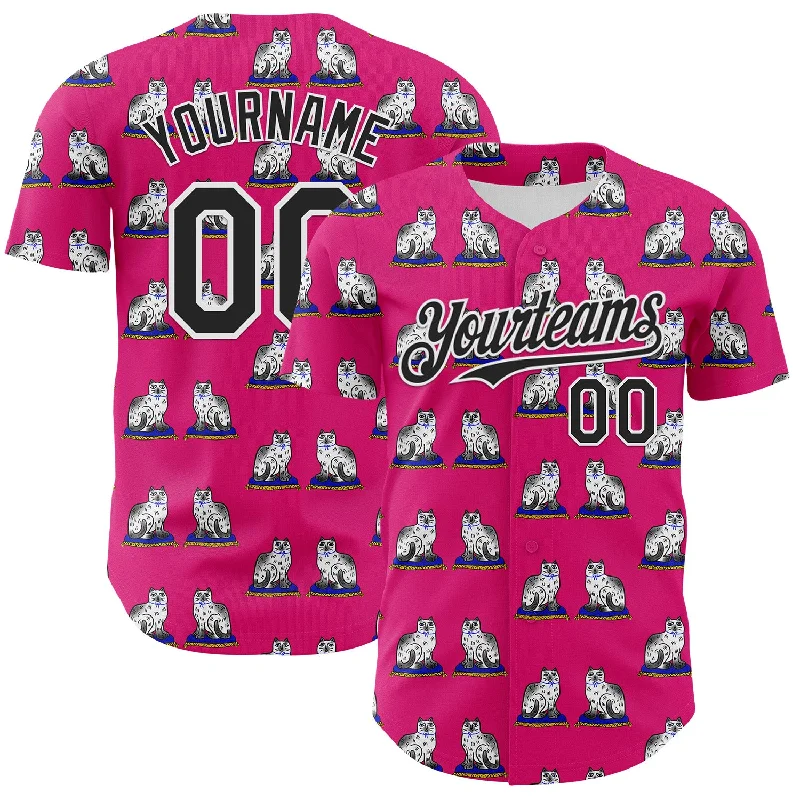 Custom baseball jersey for a perfect fit and comfort-Custom Hot Pink Black-White 3D Emi Bee Staffordshire Cat Authentic Baseball Jersey