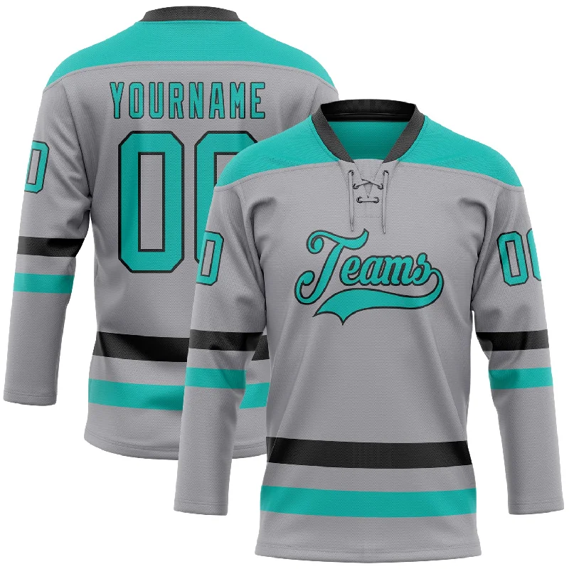 Custom hockey jersey for special occasion gifts-Custom Gray Aqua-Black Hockey Lace Neck Jersey