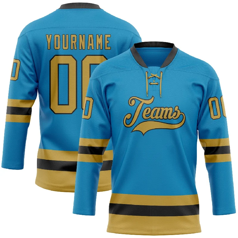 Custom hockey jersey for tournament teams-Custom Panther Blue Old Gold-Black Hockey Lace Neck Jersey