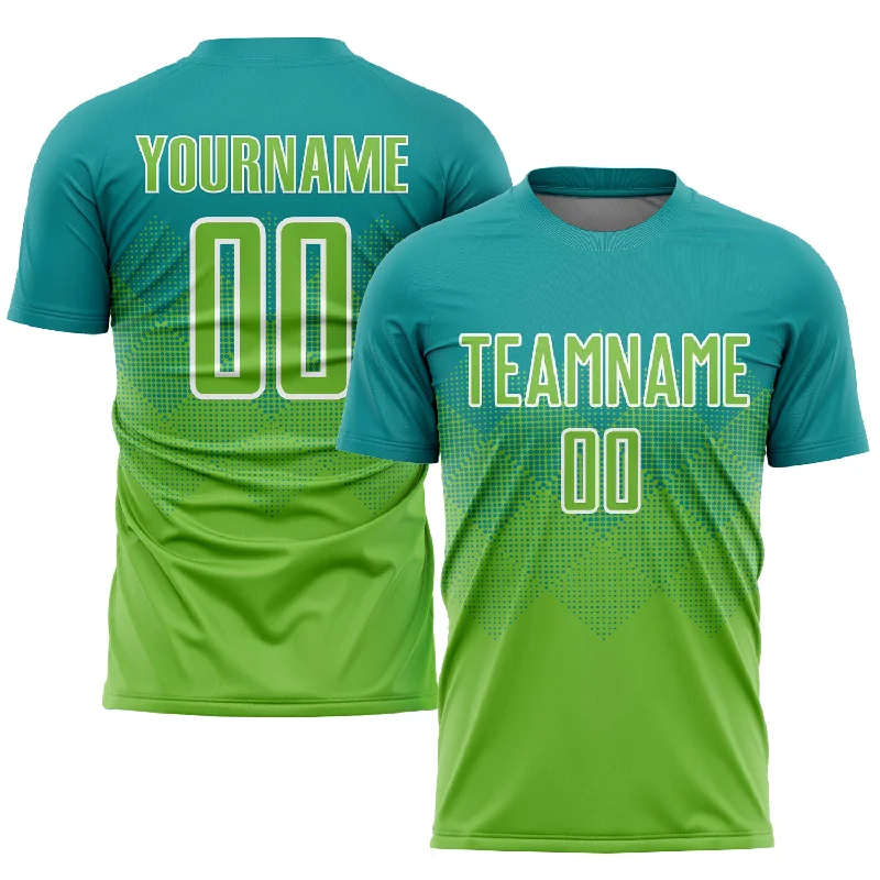 Custom soccer jersey with colorful and bold designs-Custom Teal Neon Green-White Sublimation Soccer Uniform Jersey