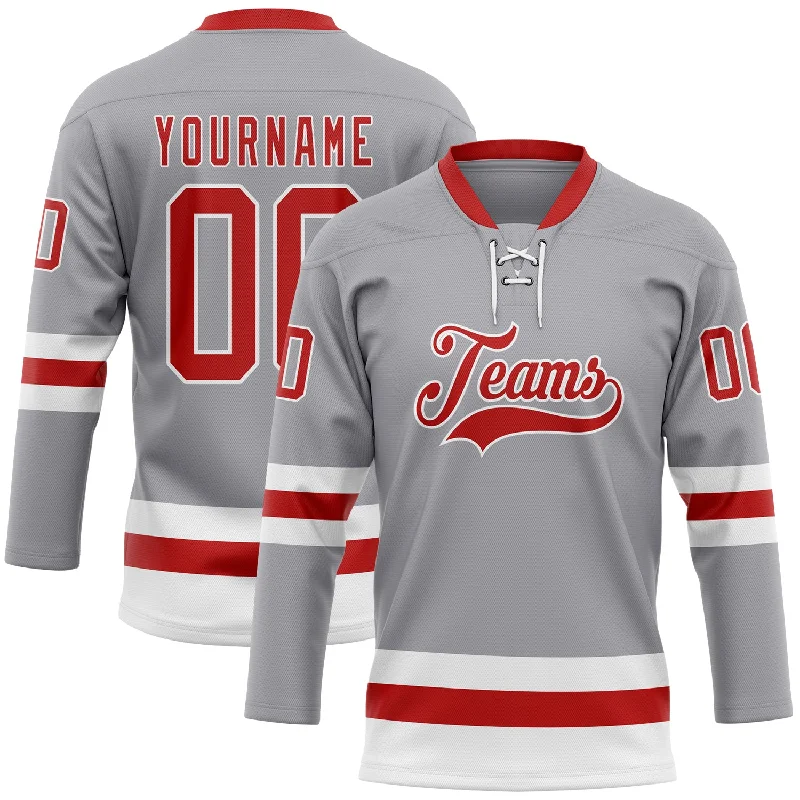 Custom hockey jersey with a sleek, athletic fit-Custom Gray Red-White Hockey Lace Neck Jersey