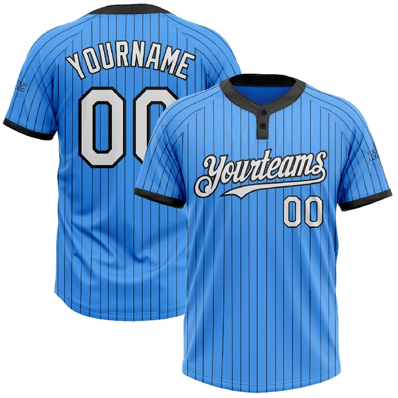 Personalized softball jersey with graphic prints-Custom Electric Blue Black Pinstripe White Two-Button Unisex Softball Jersey