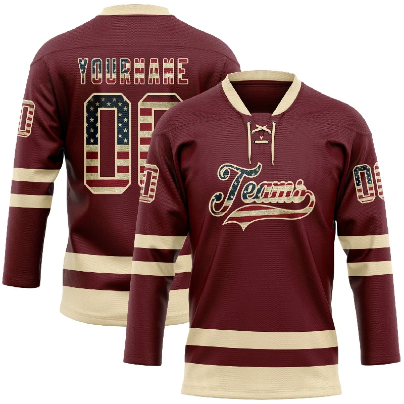 Personalized hockey jersey for special events-Custom Burgundy Vintage USA Flag-Cream Hockey Lace Neck Jersey