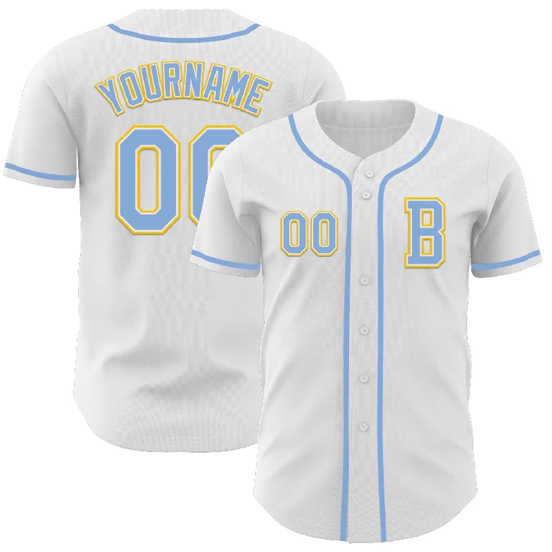 Custom baseball jersey for fan gifts and memorabilia-Custom White Light Blue-Yellow Authentic Baseball Jersey