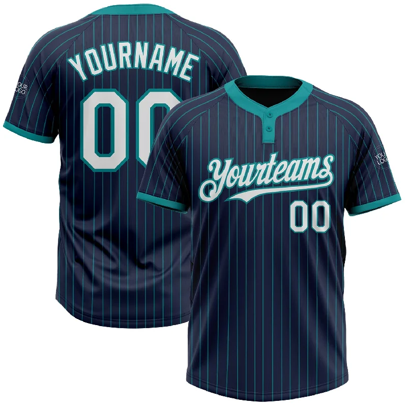 Softball jersey with stylish stripes on sleeves-Custom Navy Teal Pinstripe White Two-Button Unisex Softball Jersey