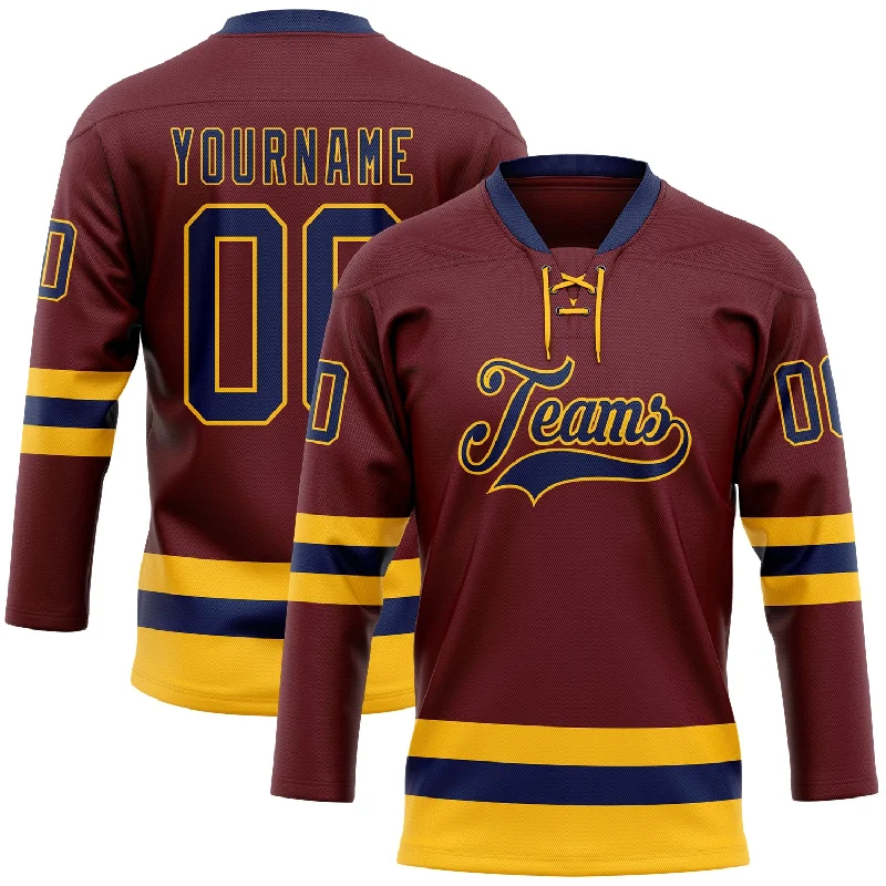 Lightweight hockey jersey for comfort during games-Custom Burgundy Navy-Gold Hockey Lace Neck Jersey