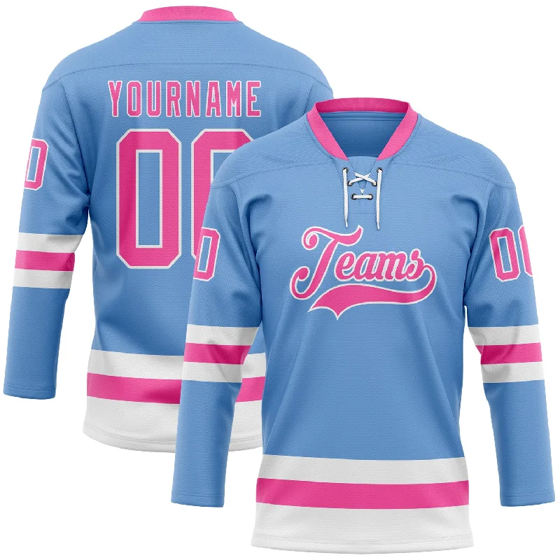 Custom hockey jersey with exclusive team patterns-Custom Light Blue Pink-White Hockey Lace Neck Jersey