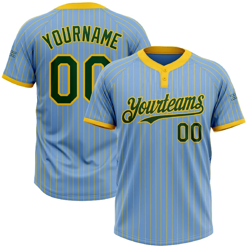 Softball jersey with unique designs for every player-Custom Light Blue Yellow Pinstripe Green Two-Button Unisex Softball Jersey