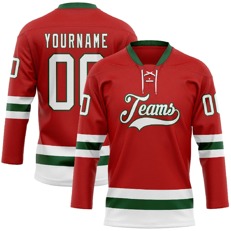 Hockey jersey with performance fabric for competitive play-Custom Red White-Green Hockey Lace Neck Jersey