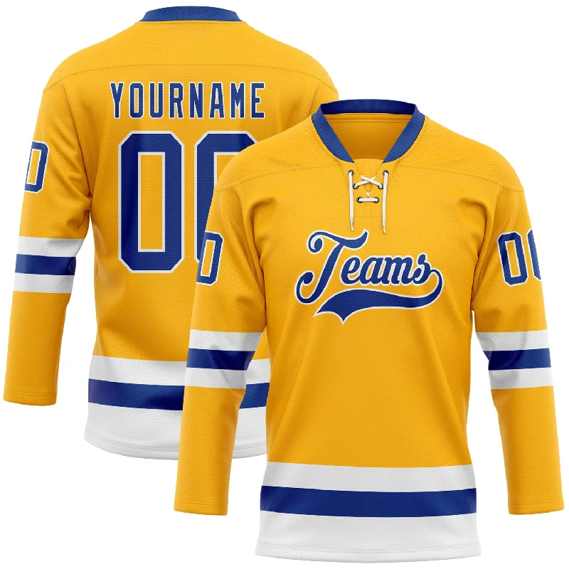 Personalized hockey jersey with professional team details-Custom Gold Royal-White Hockey Lace Neck Jersey