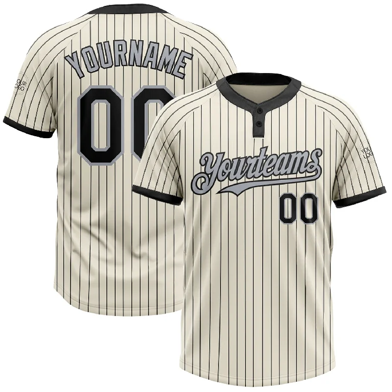 Softball jersey with moisture-wicking sleeves for added comfort-Custom Cream Black Pinstripe Gray Two-Button Unisex Softball Jersey