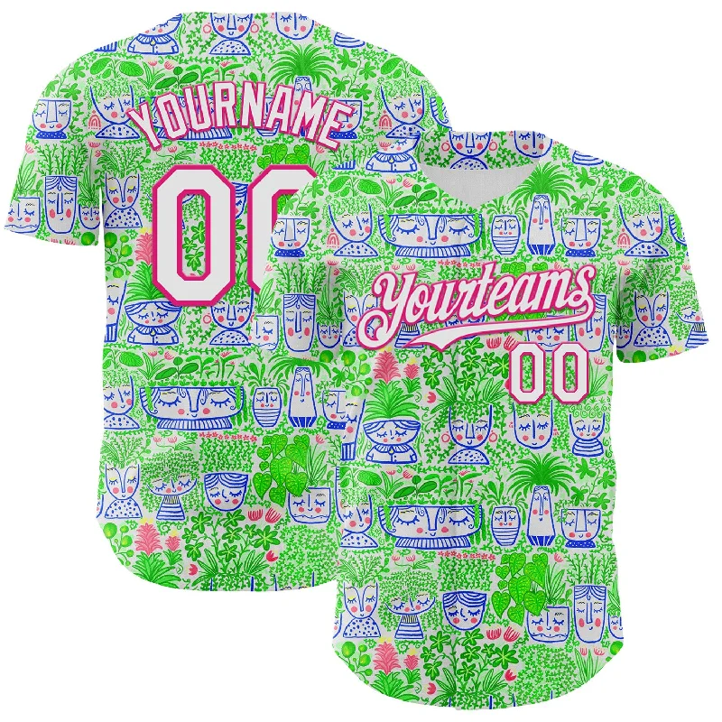 Personalized baseball jersey with cool, custom graphics-Custom White Hot Pink 3D Emi Bee Facepots Authentic Baseball Jersey