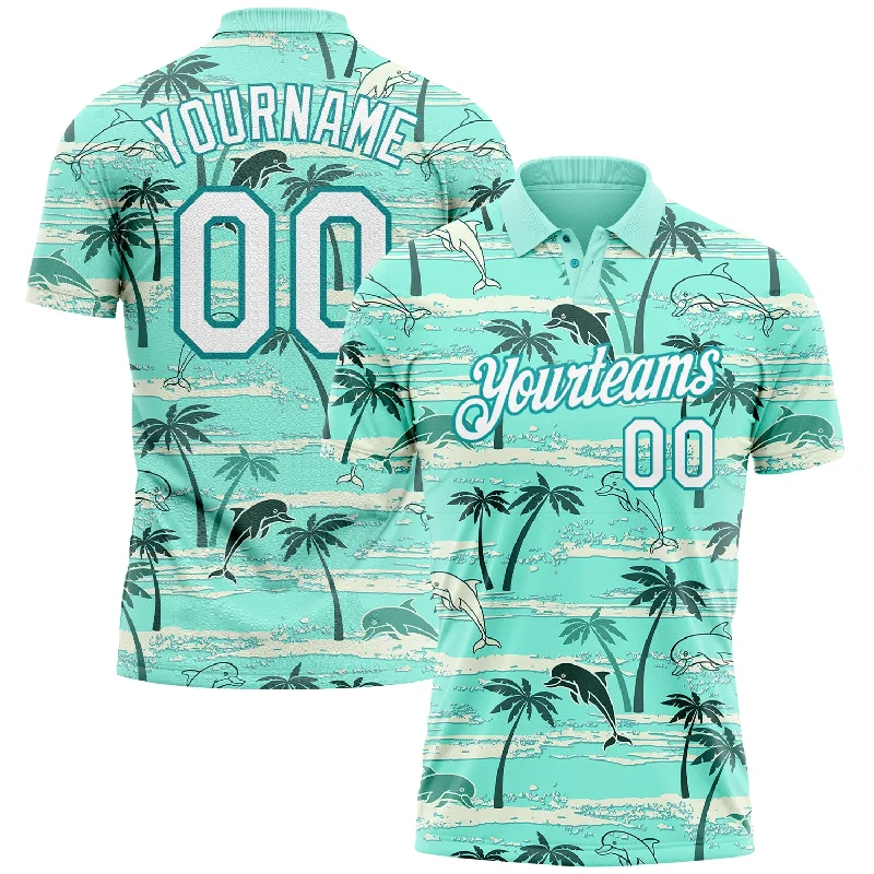 Stylish golf polo shirt with small details and patterns-Custom Teal White 3D Pattern Design Hawaii Palm Trees Performance Golf Polo Shirt