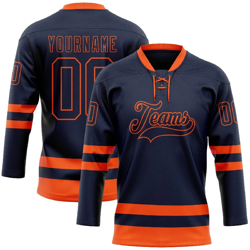 Custom hockey jersey for off-ice wear-Custom Navy Orange Hockey Lace Neck Jersey