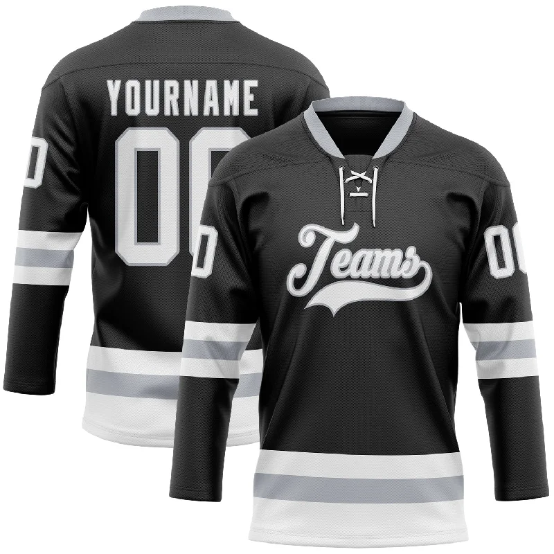 Hockey jersey with stylish and trendy designs for fans-Custom Black White-Gray Hockey Lace Neck Jersey