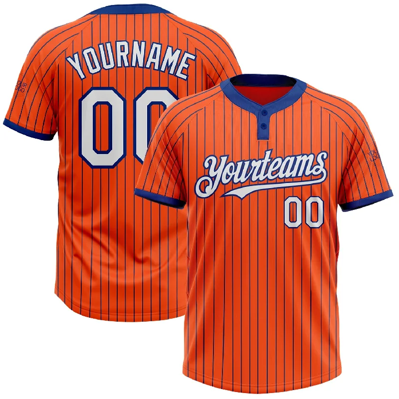 Softball jersey with mesh fabric for ultimate ventilation-Custom Orange Royal Pinstripe White Two-Button Unisex Softball Jersey