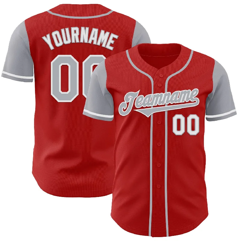 Team baseball jersey for league tournaments-Custom Red Gray-White Authentic Two Tone Baseball Jersey