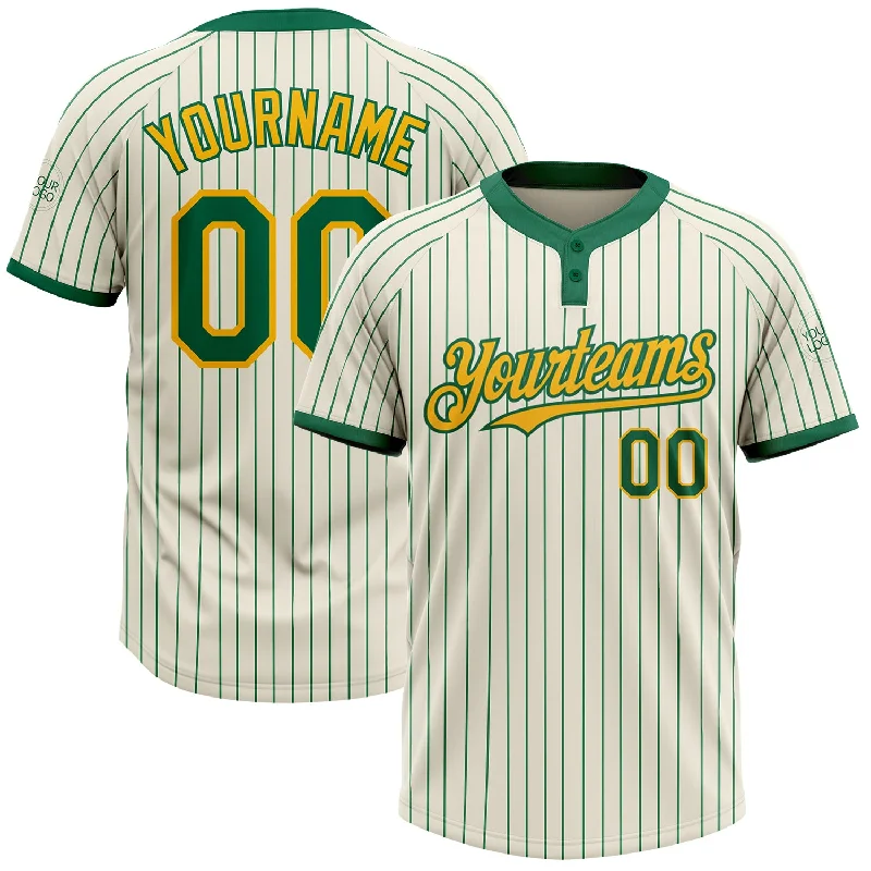 Softball jersey with anti-odor technology-Custom Cream Kelly Green Pinstripe Gold Two-Button Unisex Softball Jersey