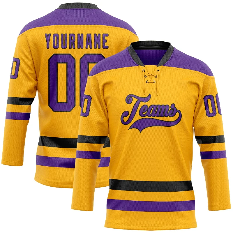 Custom hockey jersey for school leagues-Custom Gold Purple-Black Hockey Lace Neck Jersey