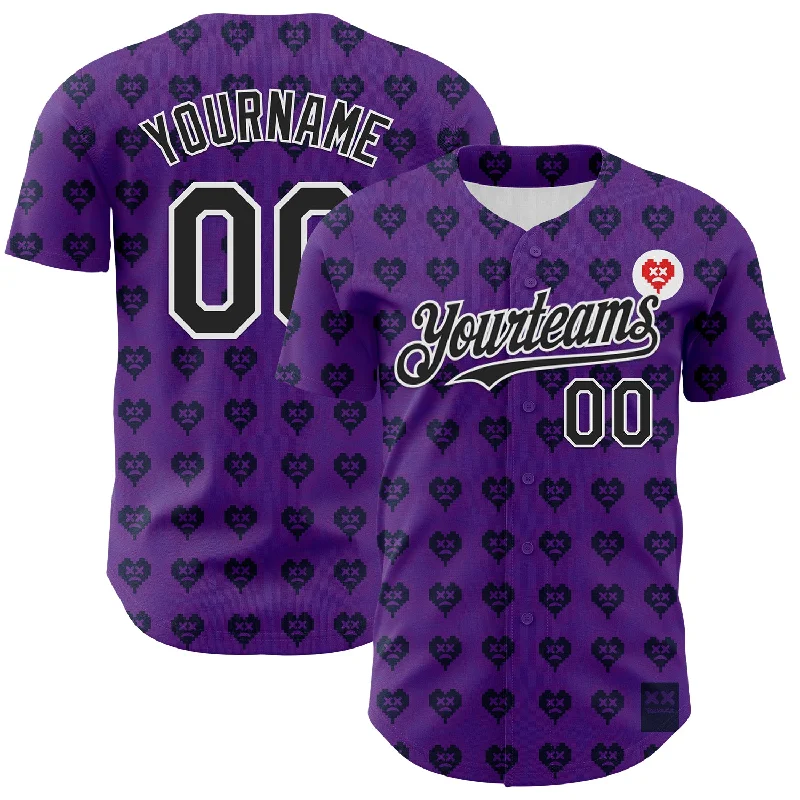 Baseball jersey with team colors and custom patch-Custom Purple Black-White 3D Revzzz Purple Love Authentic Baseball Jersey