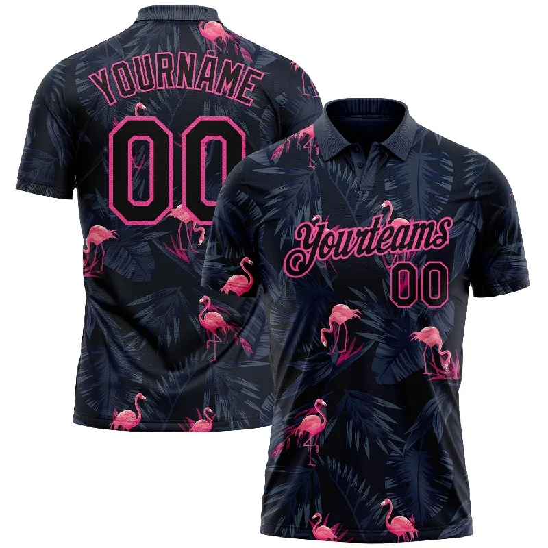 Eco-friendly golf polo shirt made from recycled materials-Custom Black Pink 3D Pattern Design Flamingo Performance Golf Polo Shirt