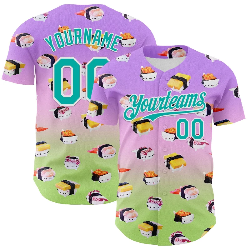 Custom team baseball jersey for youth players-Custom Purple Aqua-Neon Green Fade 3D Cindy Suen Sushi Cats Authentic Baseball Jersey