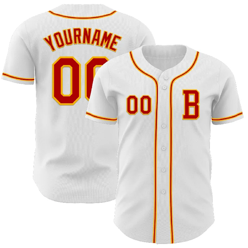 Premium baseball jersey with performance fabric-Custom White Red-Gold Authentic Baseball Jersey