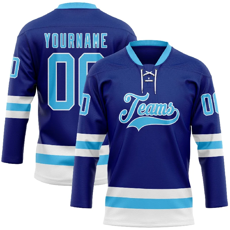 Custom hockey jersey with customizable options-Custom Royal Sky Blue-White Hockey Lace Neck Jersey