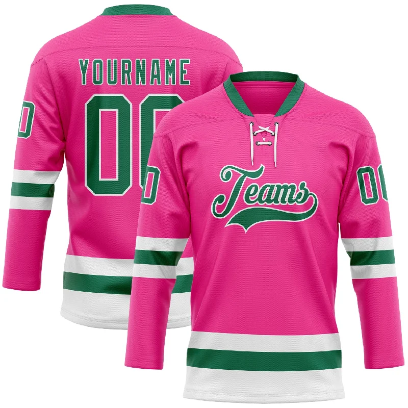 Hockey jersey with flexible, stretchable material-Custom Pink Kelly Green-White Hockey Lace Neck Jersey