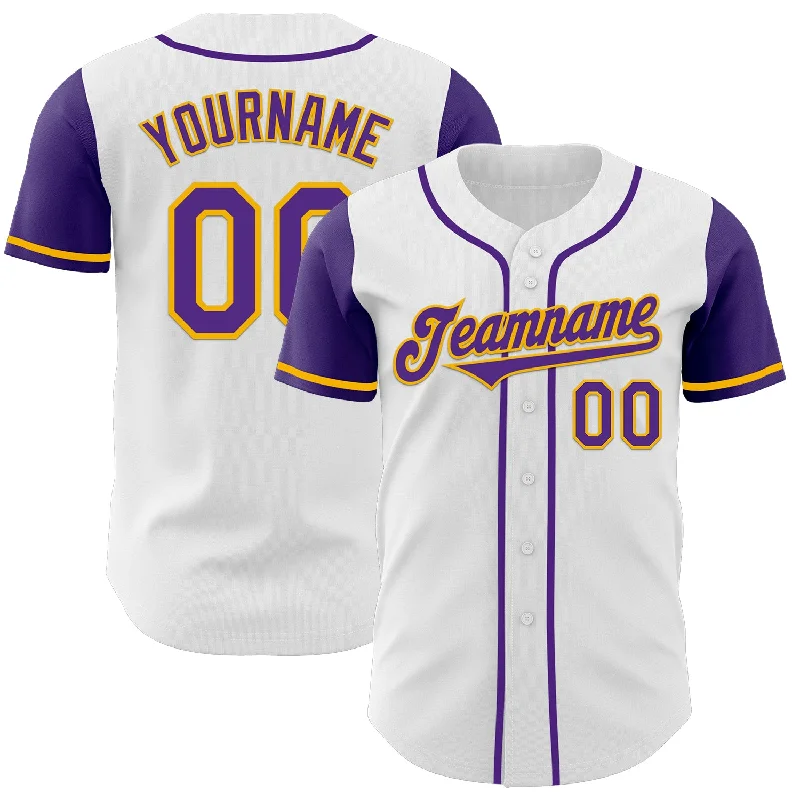 Team baseball jersey with player’s signature embroidery-Custom White Purple-Gold Authentic Two Tone Baseball Jersey