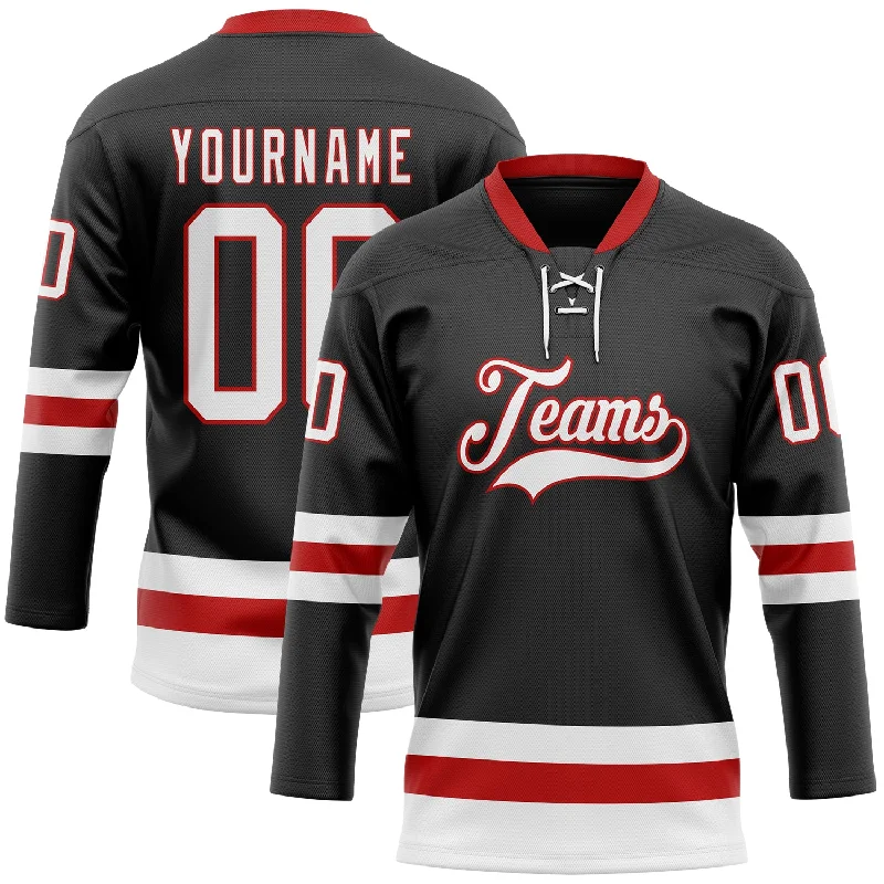 Hockey jersey with moisture-wicking material for comfort-Custom Black White-Red Hockey Lace Neck Jersey