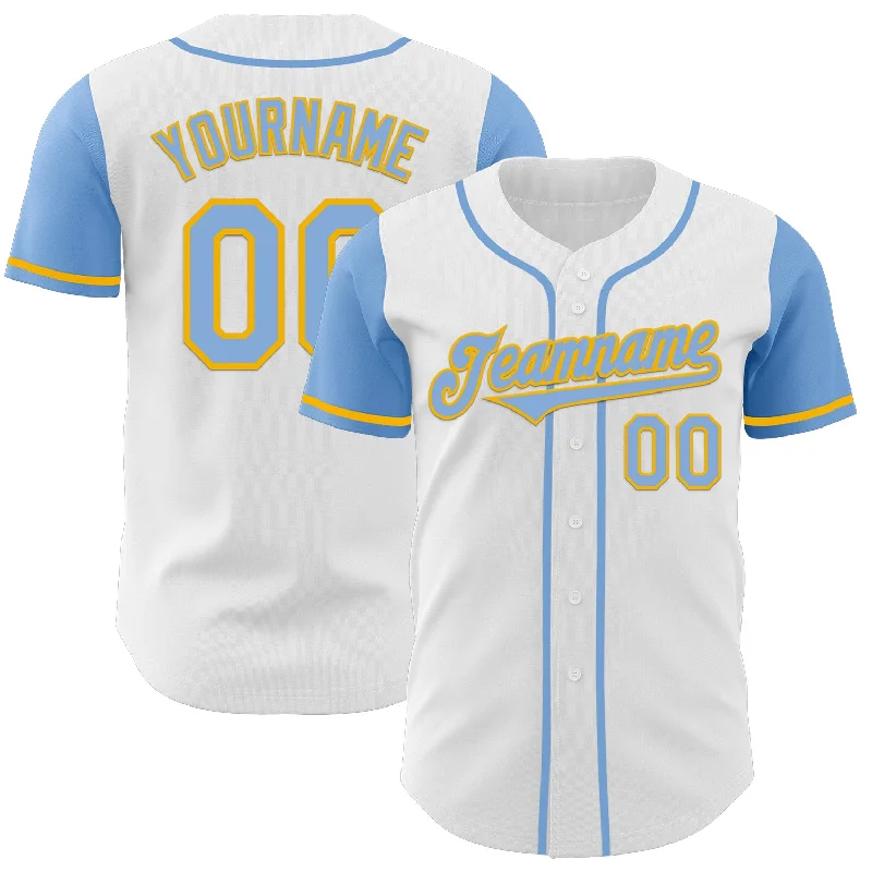 Baseball jersey with lightweight design for comfort-Custom White Light Blue-Gold Authentic Two Tone Baseball Jersey