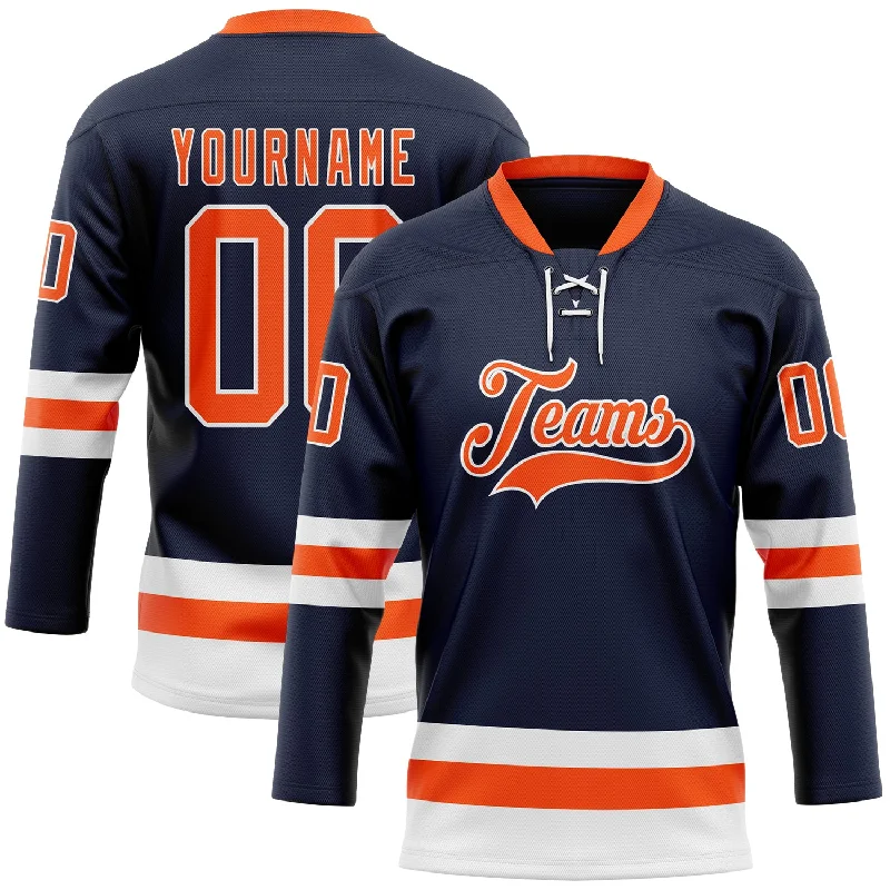 Personalized hockey jersey with team name and colors-Custom Navy Orange-White Hockey Lace Neck Jersey