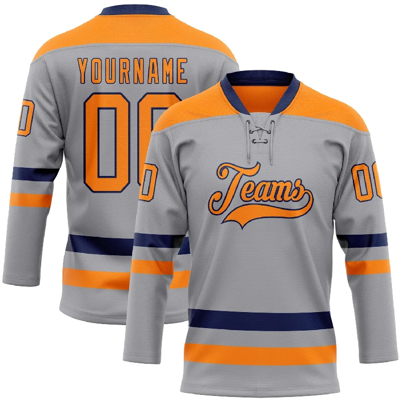 Custom hockey jersey with sleek design-Custom Gray Bay Orange-Navy Hockey Lace Neck Jersey