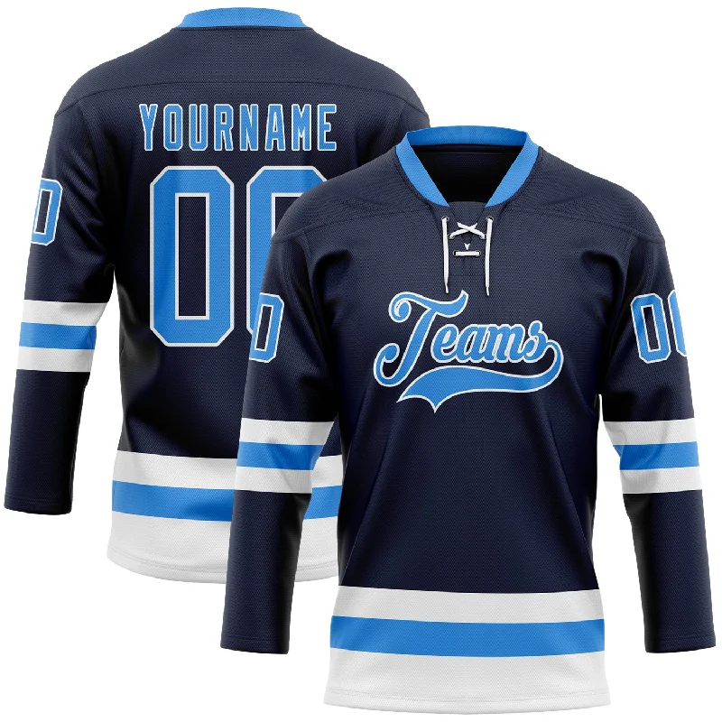 Custom hockey jersey with retro design elements-Custom Navy Powder Blue-White Hockey Lace Neck Jersey