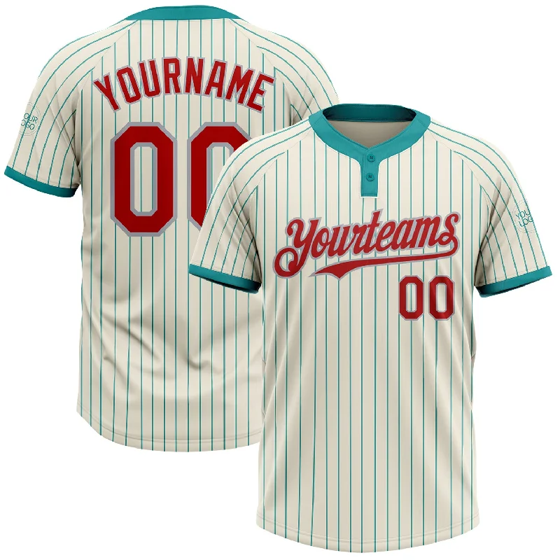 Softball jersey with a comfortable fit for casual play-Custom Cream Teal Pinstripe Red-Gray Two-Button Unisex Softball Jersey