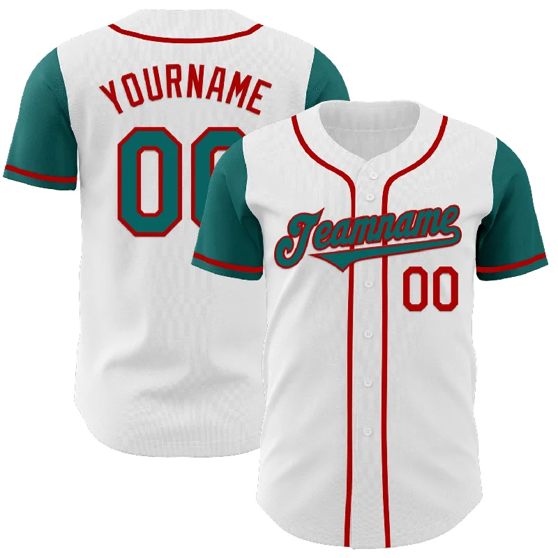 Custom baseball jersey with player name and number-Custom White Teal-Red Authentic Two Tone Baseball Jersey