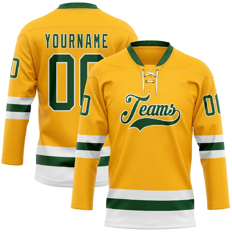 Hockey jersey with a lightweight feel for mobility-Custom Gold Green-White Hockey Lace Neck Jersey