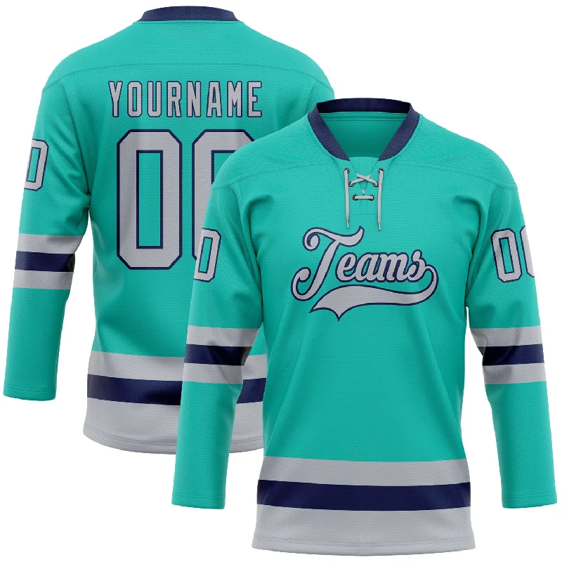 Custom hockey jersey for special occasion gifts-Custom Aqua Gray-Navy Hockey Lace Neck Jersey