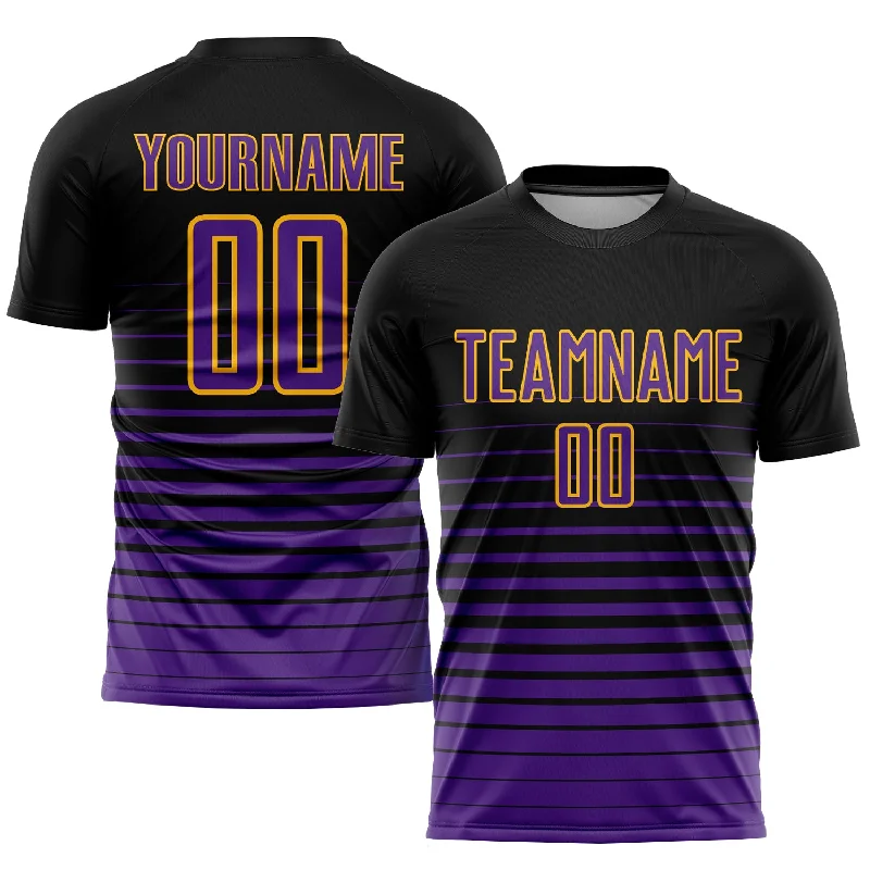 Soccer jersey with lightweight material for performance-Custom Black Purple-Gold Pinstripe Fade Fashion Sublimation Soccer Uniform Jersey