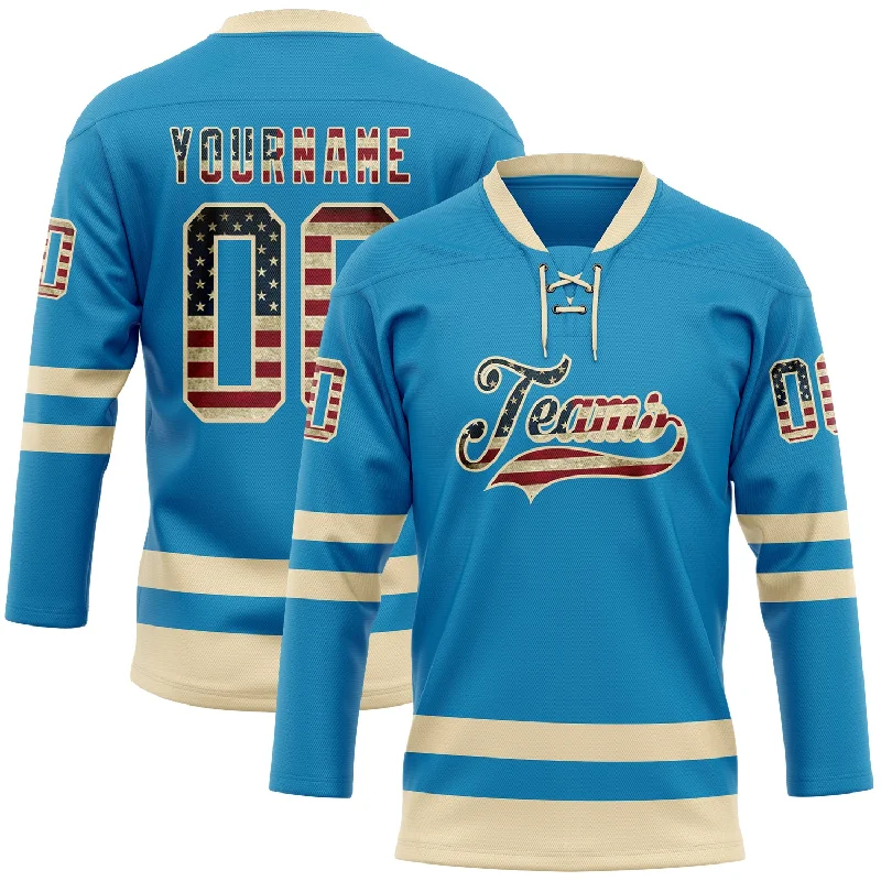 Custom hockey jersey with retro design elements-Custom Panther Blue Vintage USA Flag-Cream Hockey Lace Neck Jersey