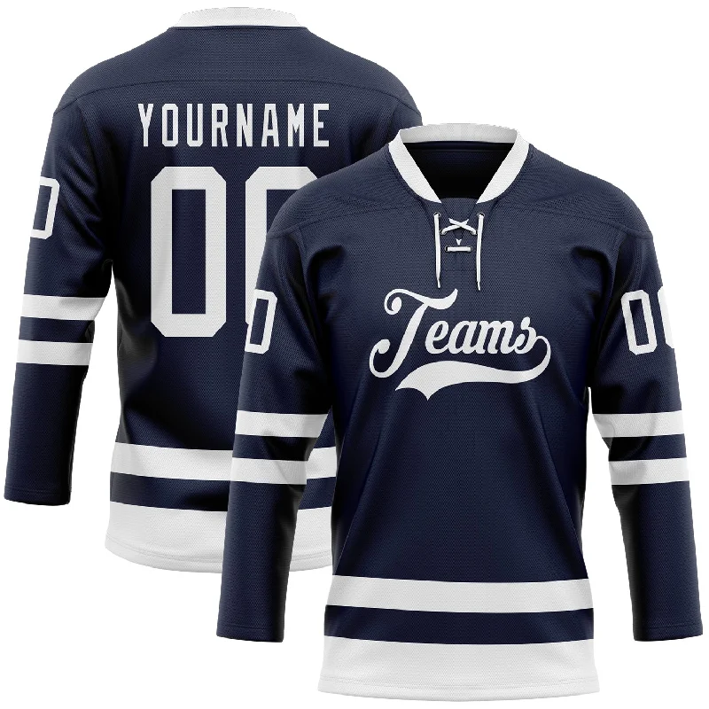 Custom hockey jersey with vibrant colors for visibility-Custom Navy White Hockey Lace Neck Jersey