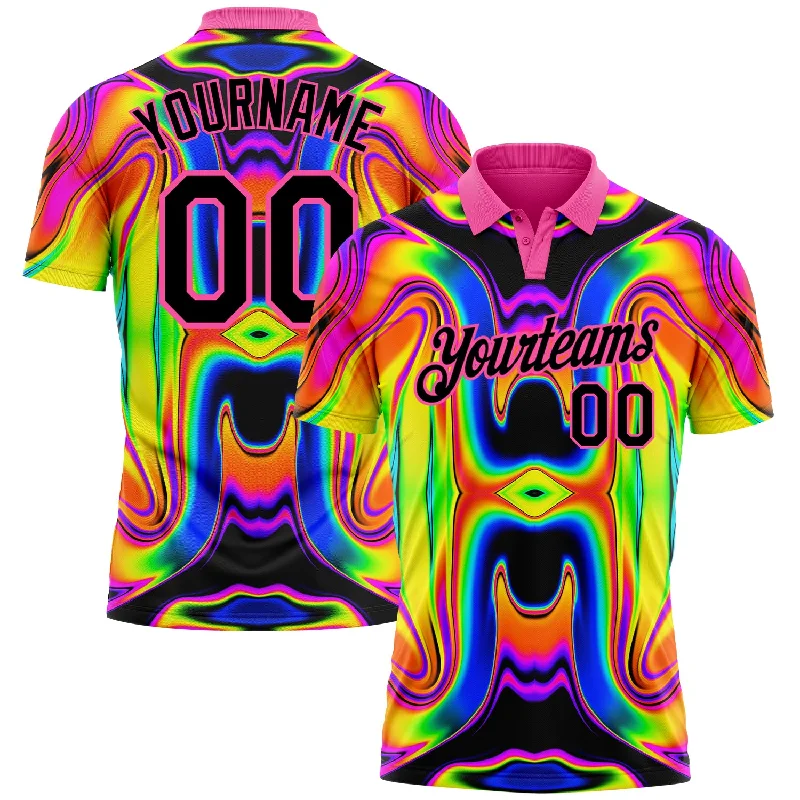 Golf polo shirt with a flexible fit for all body types-Custom Pink Black 3D Pattern Design Abstract Iridescent Psychedelic Swirl Fluid Art Performance Golf Polo Shirt